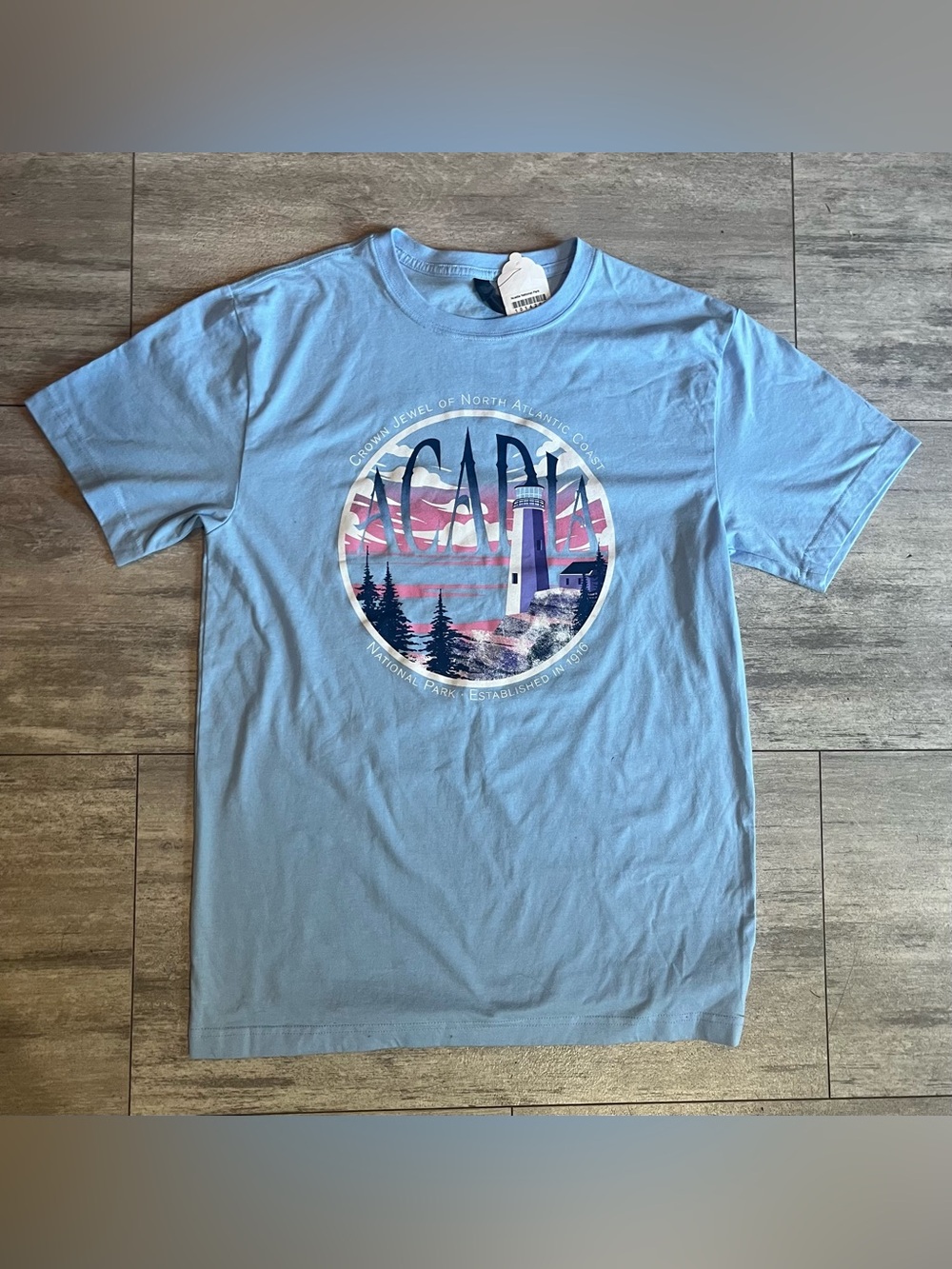 NWT Acadia National Park Maine Graphic Short Sleeve T-Shirt Light Blue, Medium